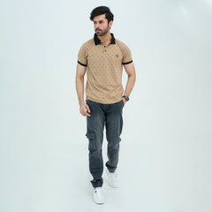 Men Graphic Polo with Contrast Trims - Beige