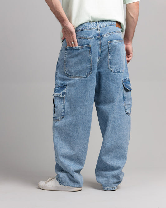 Men Skater Fit Cargo Denim Jeans - Ice Blue