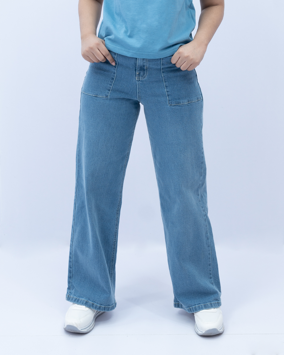 Women Wide Leg Jeans - Mid Blue