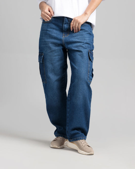 Women Loose Fit Cargo Denim Jeans - Ice Blue