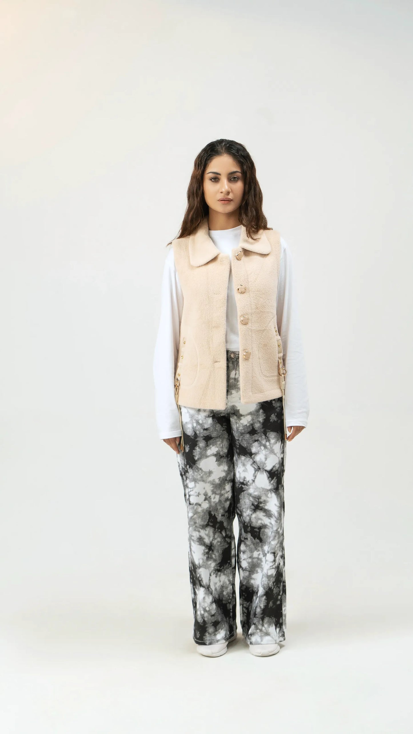 Women Rabbit Wool Sleeveless Coat - Beige - Harwage