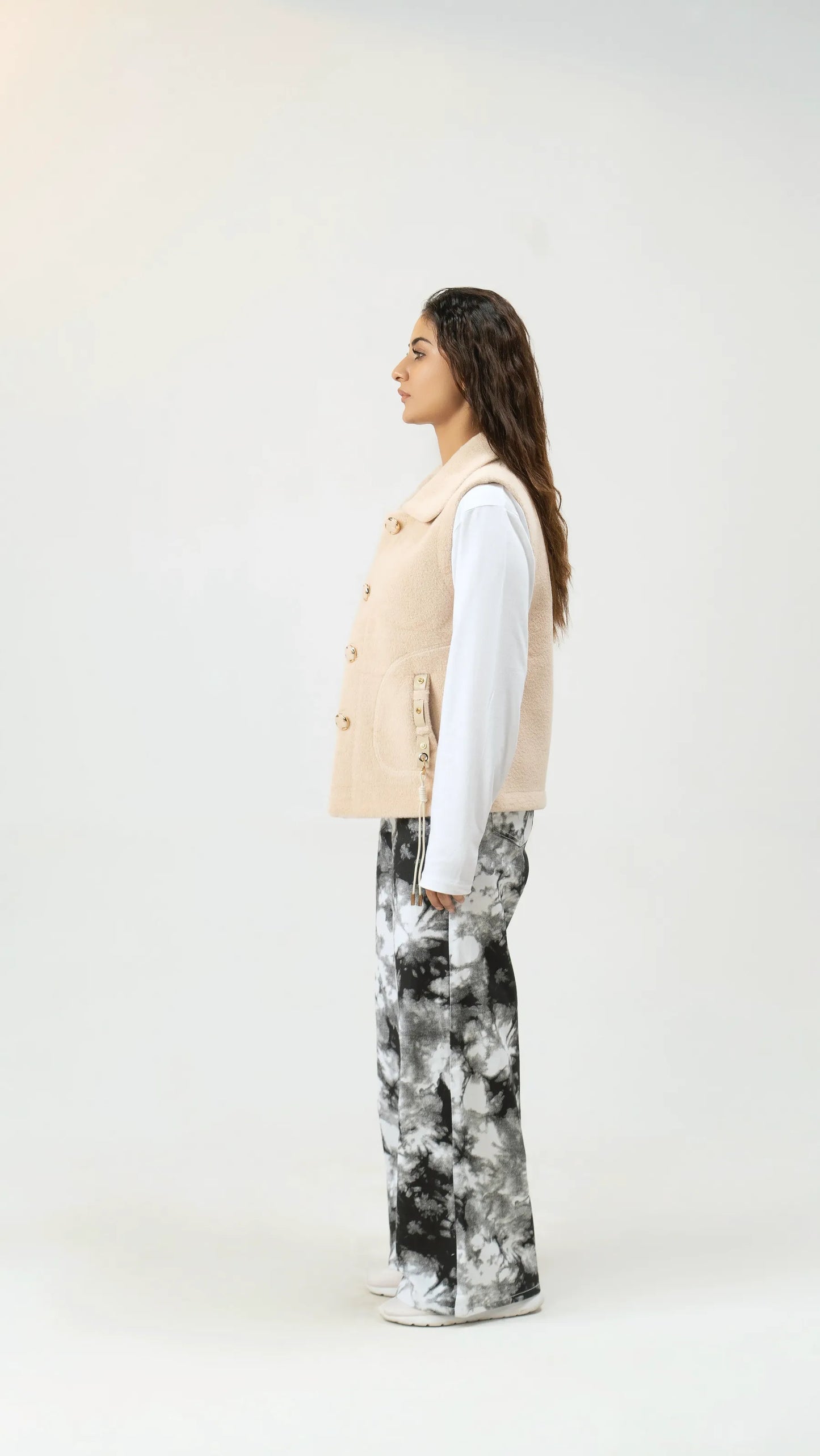 Women Rabbit Wool Sleeveless Coat - Beige - Harwage