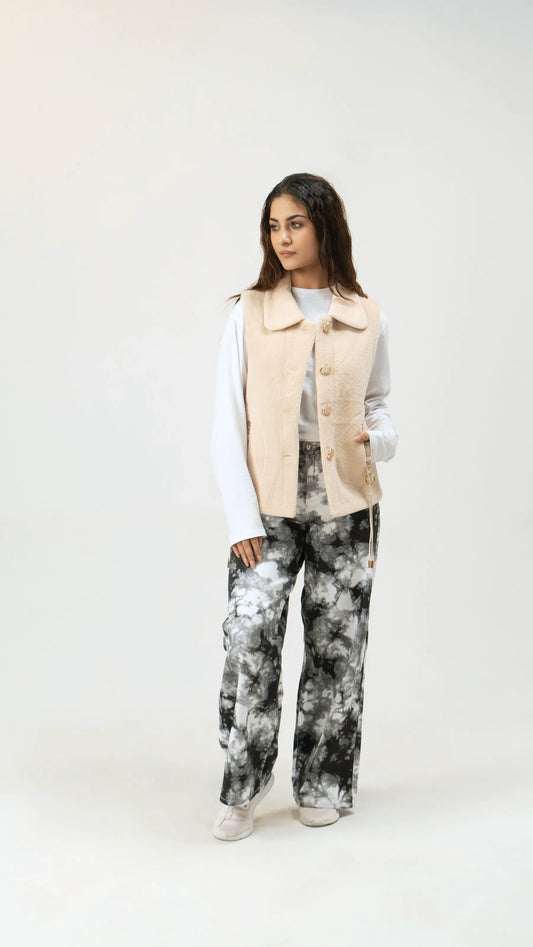 Women Rabbit Wool Sleeveless Coat - Beige - Harwage