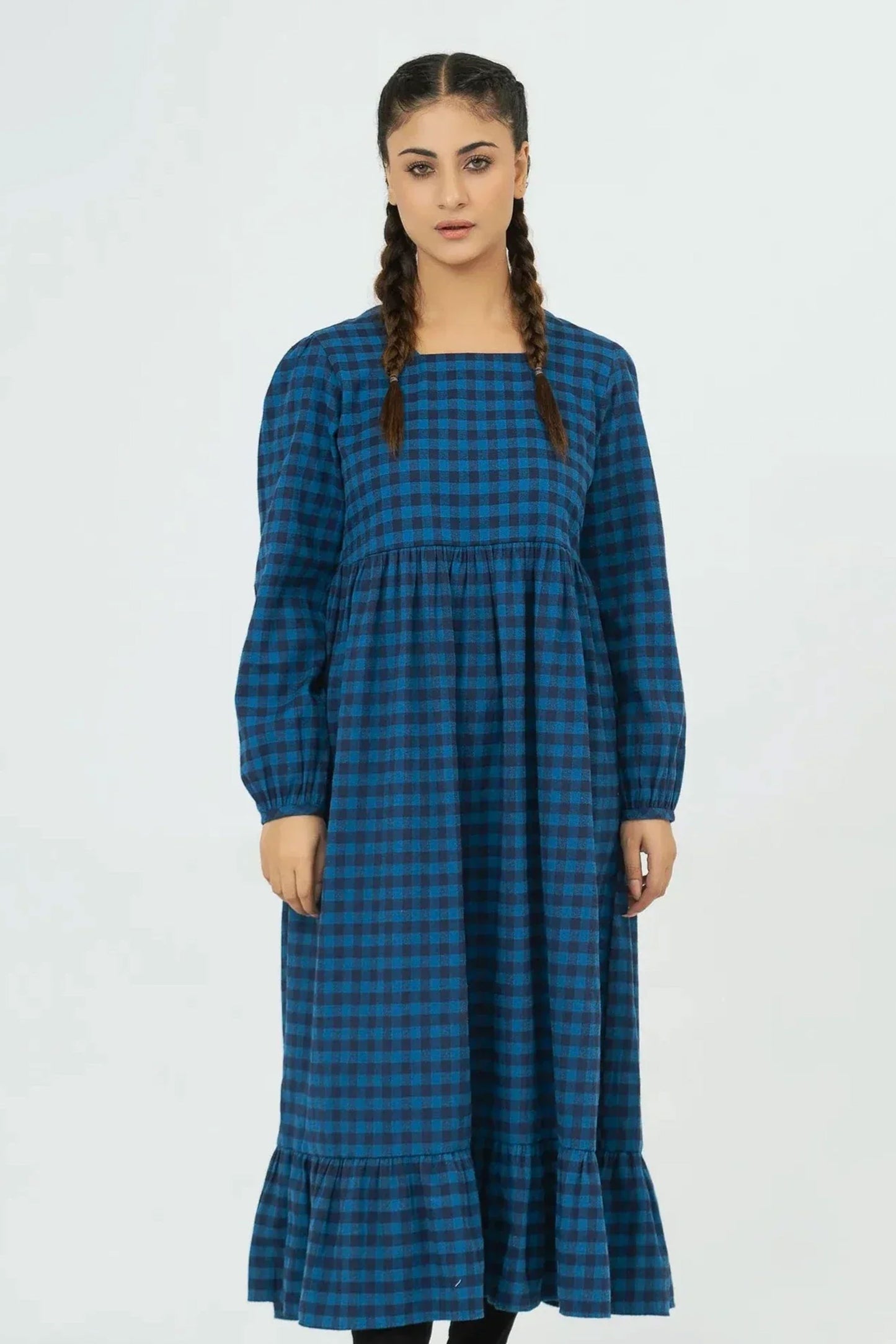 Women Checkered Long Dress - Imperial Blue