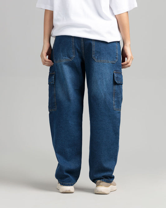 Women Loose Fit Cargo Denim Jeans - Ice Blue