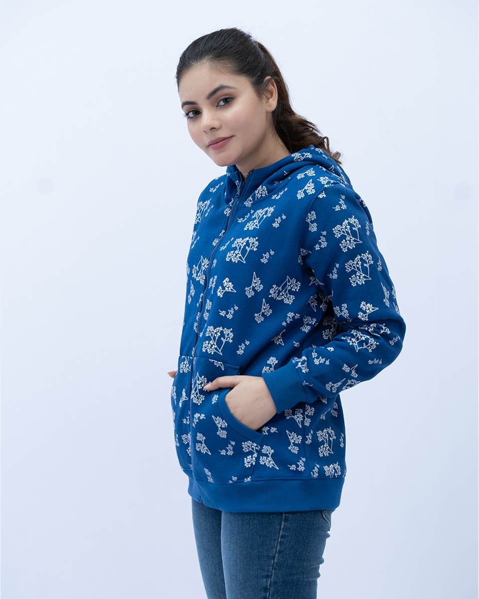 Women Allover Print Zipper Hoodie - Classic Blue