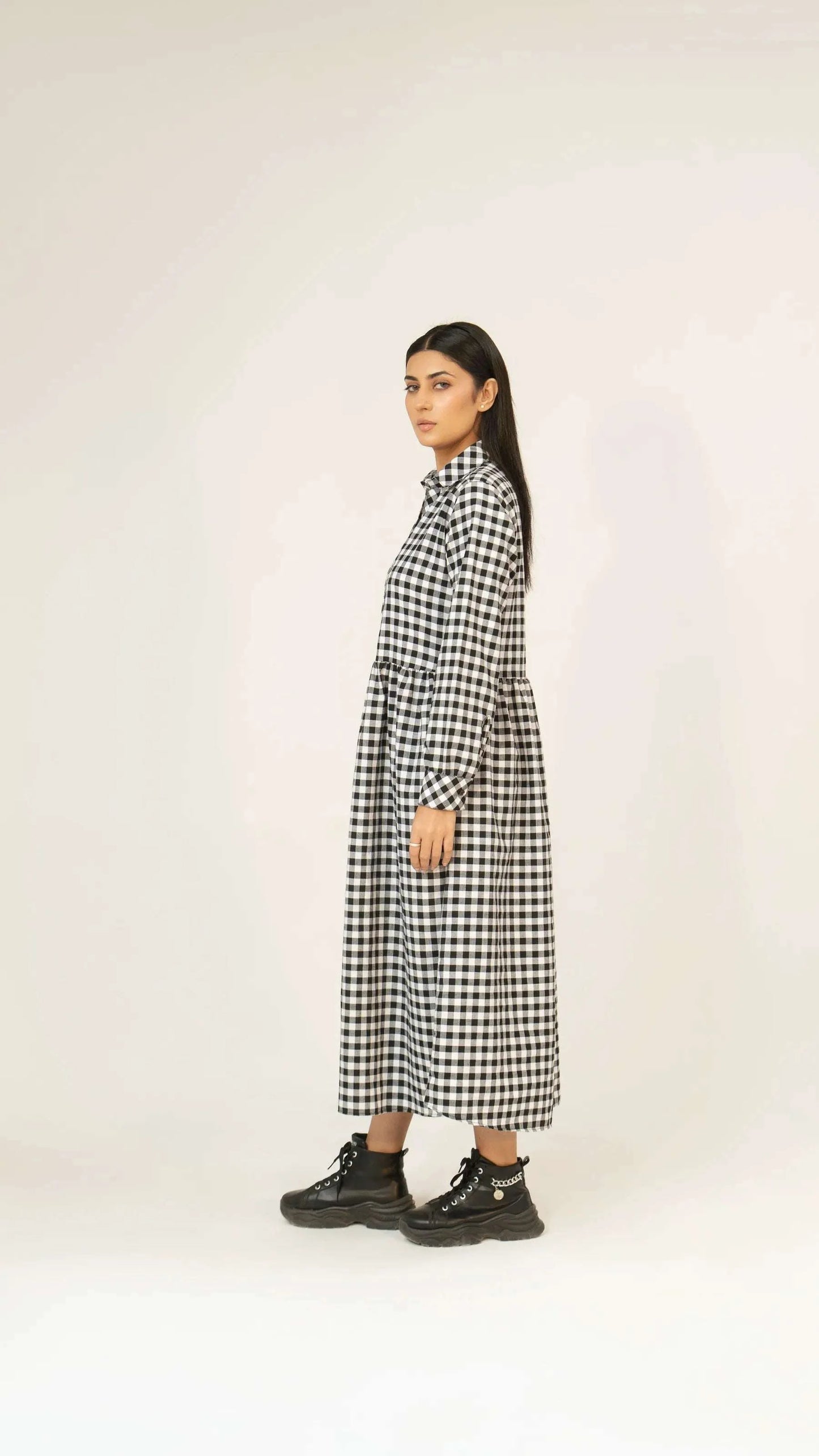 Women Woven Long Dress - Checkered - Harwage