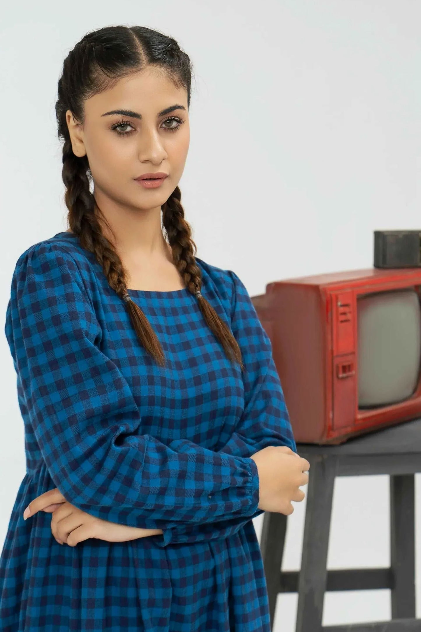 Women Checkered Long Dress - Imperial Blue