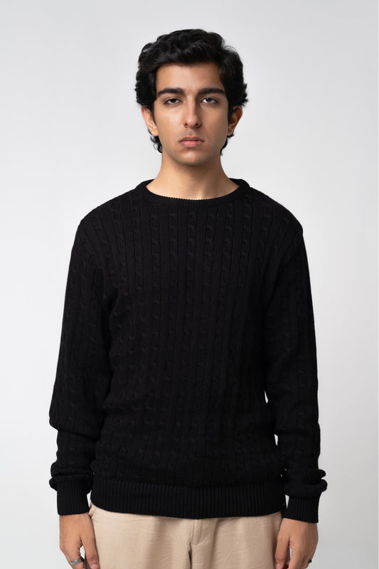 Men’s Crew Neck Cable Knit Sweater - Black
