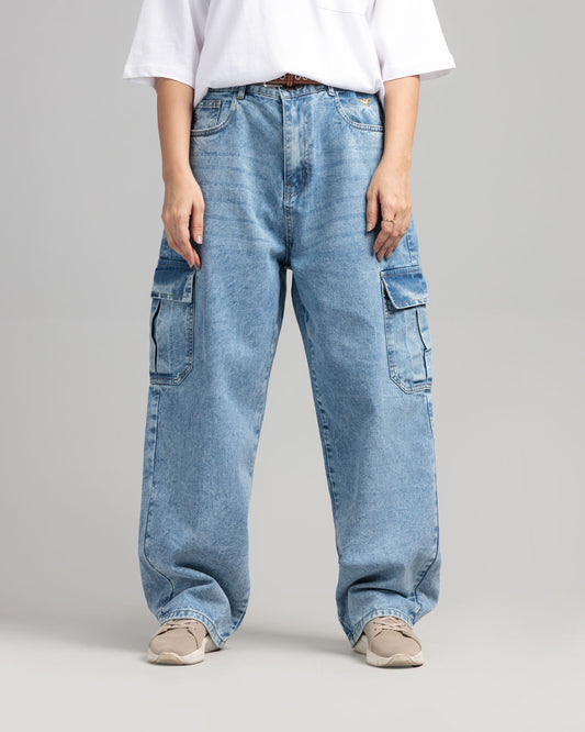 Women Skater Fit Cargo Denim Jeans - Ice Blue