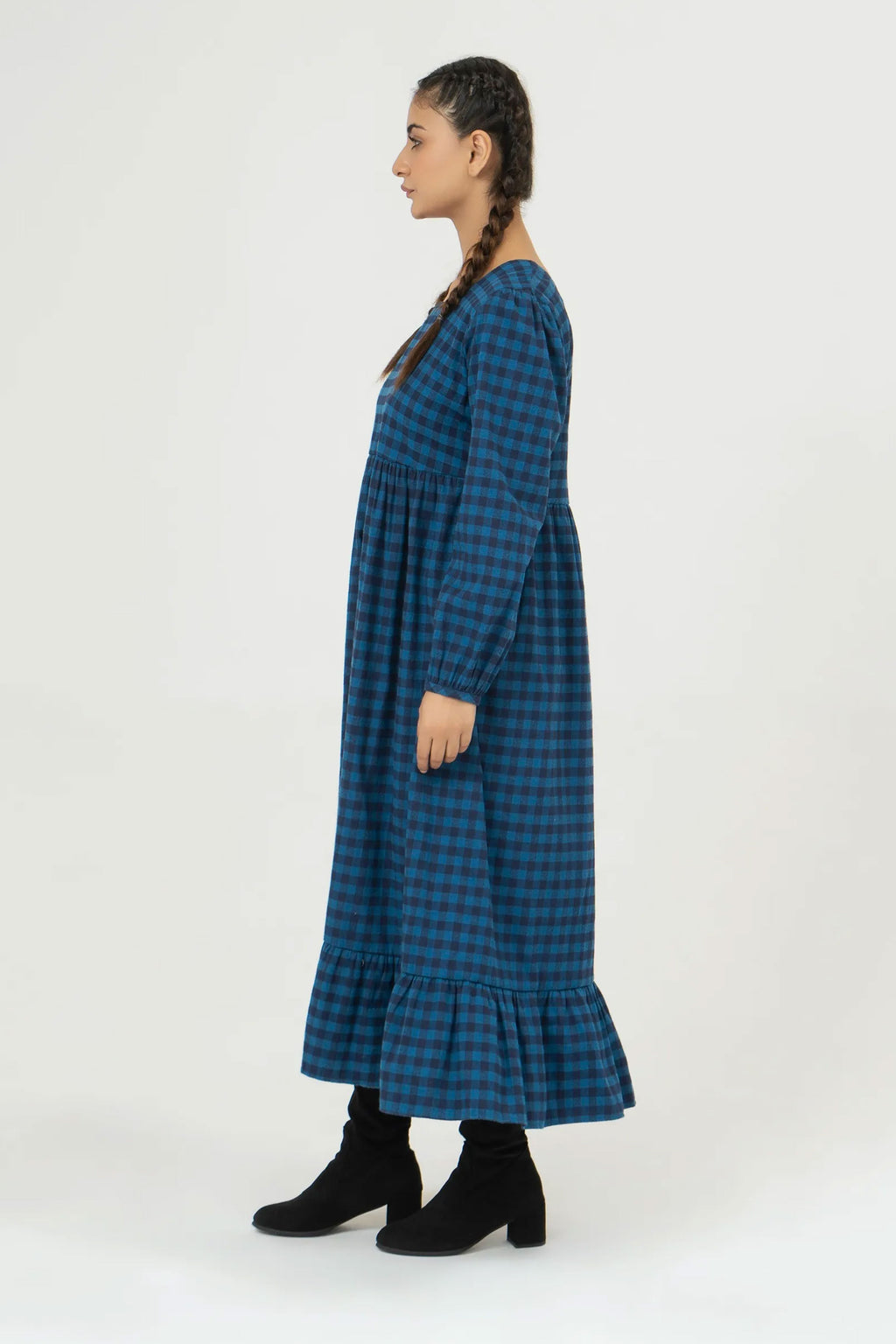 Women Checkered Long Dress - Imperial Blue