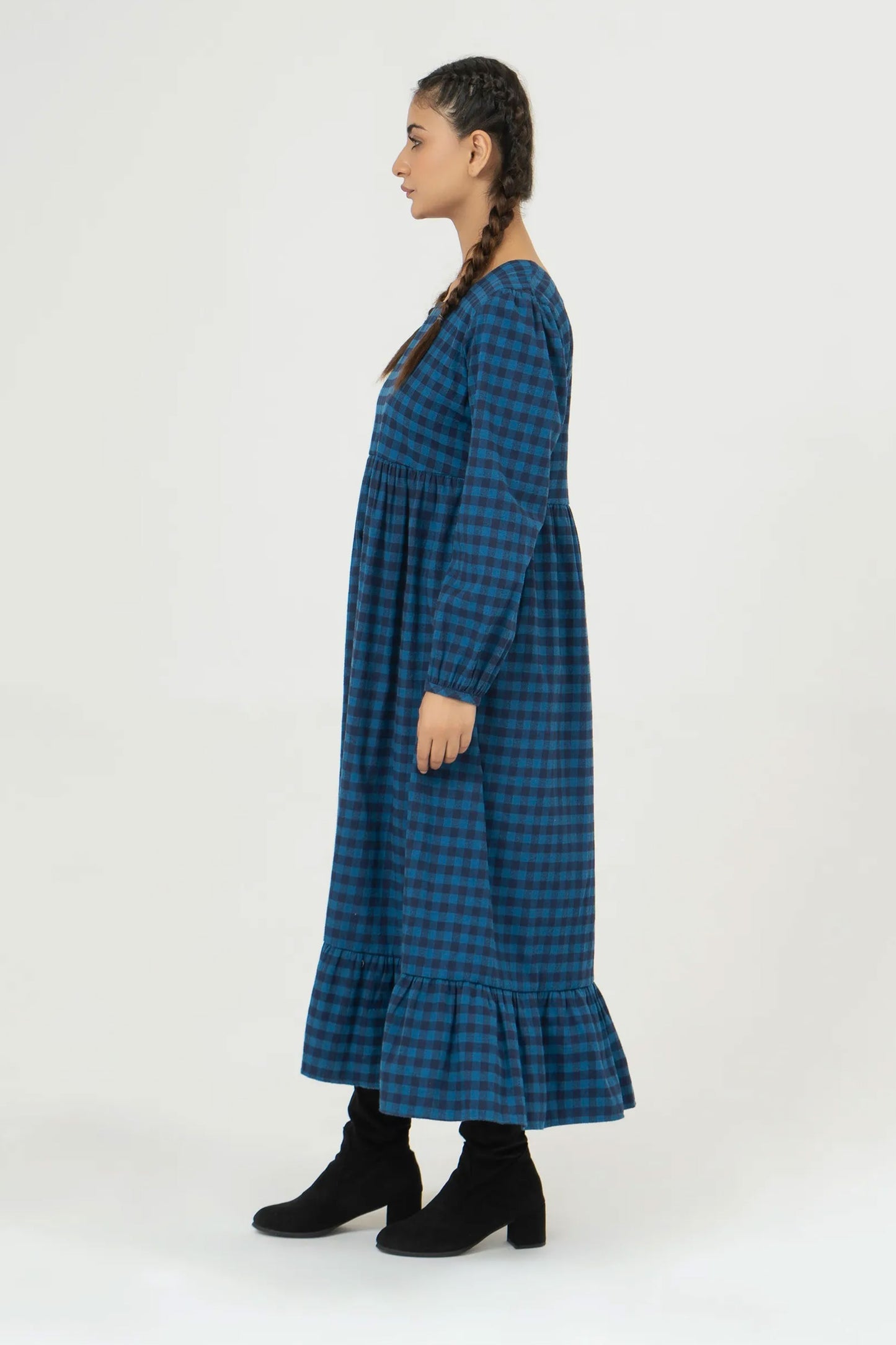 Women Checkered Long Dress - Imperial Blue
