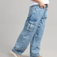 Women Skater Fit Cargo Denim Jeans - Ice Blue