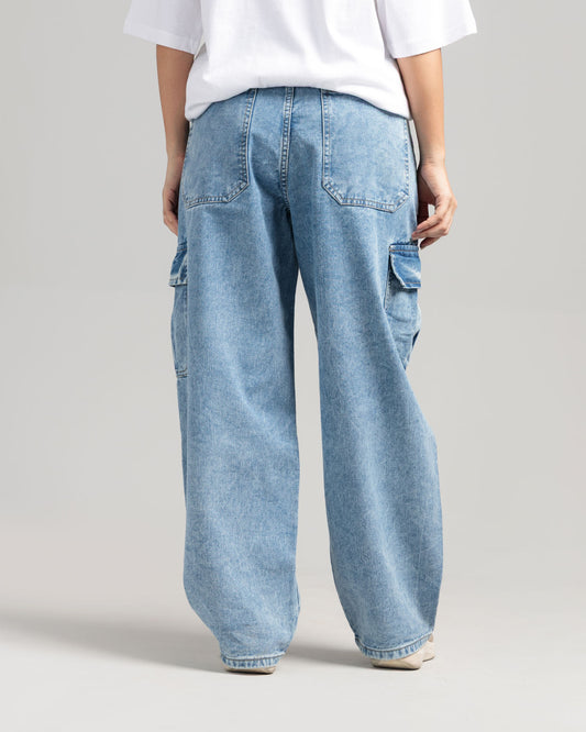Women Skater Fit Cargo Denim Jeans - Ice Blue