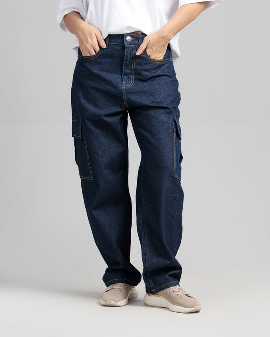 Women Loose Fit Cargo Denim Jeans - Indigo