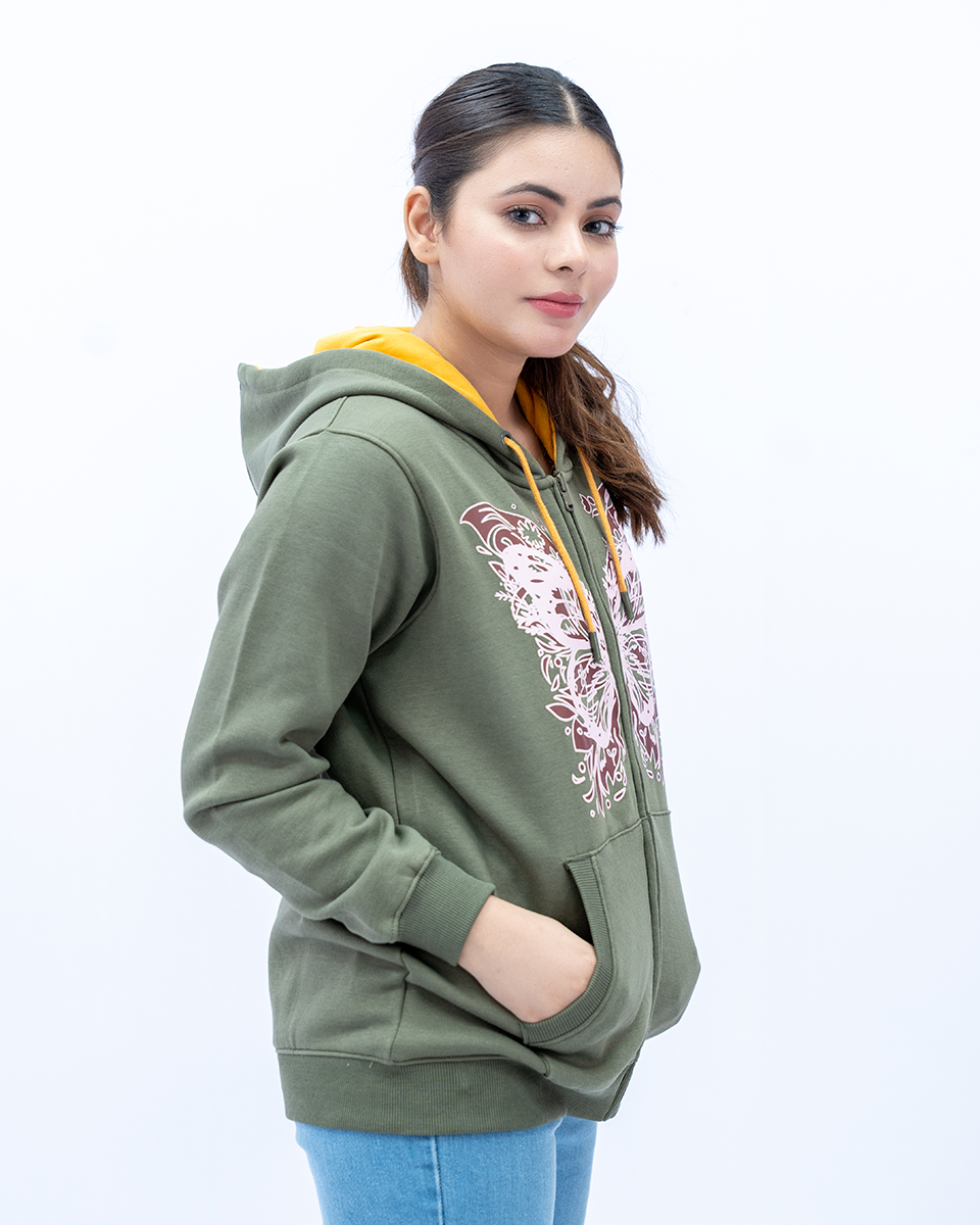 Women Printed Zipper Hoodie - Olive Green