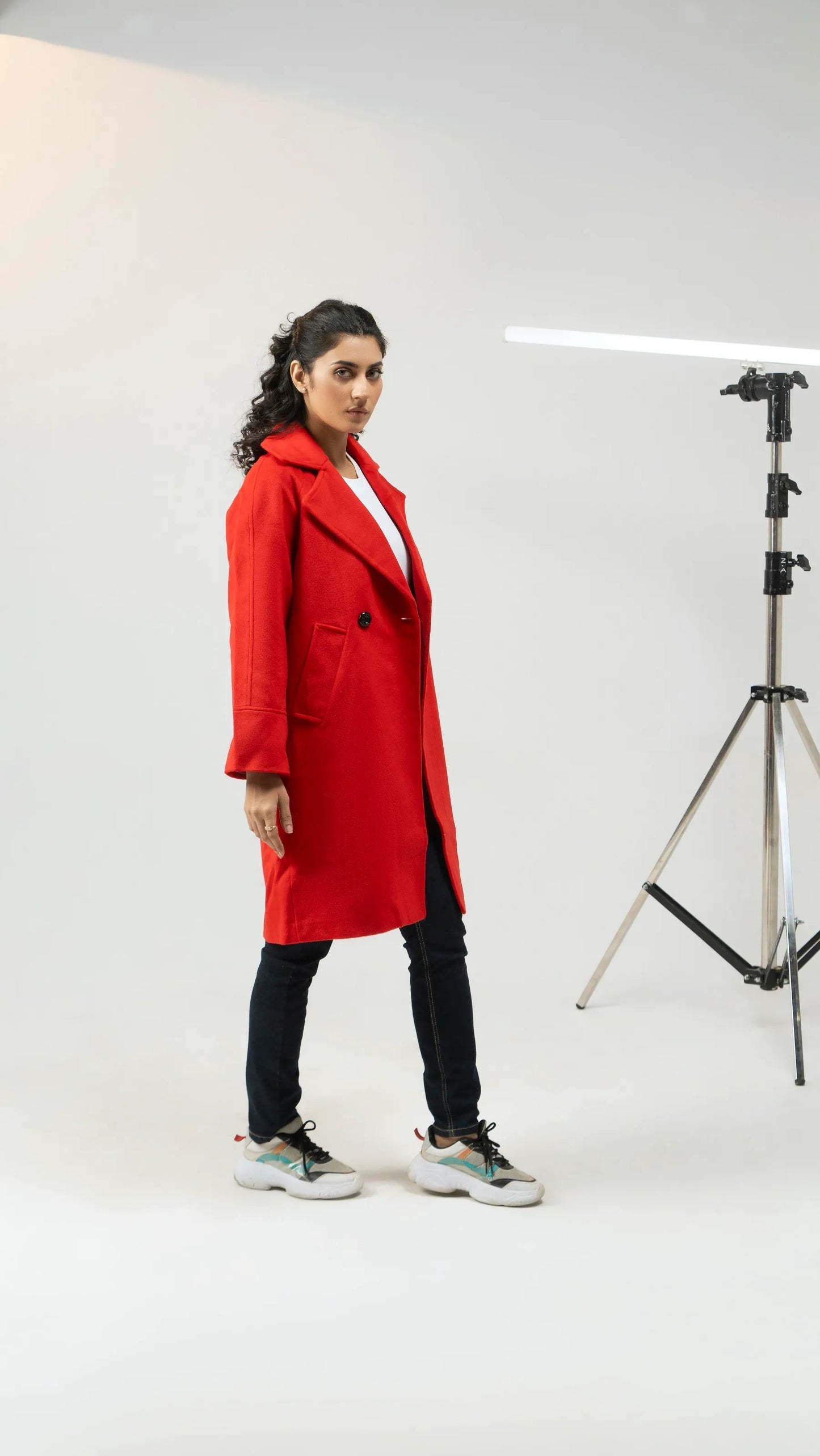 Women Long Wool Coat - Red - Harwage