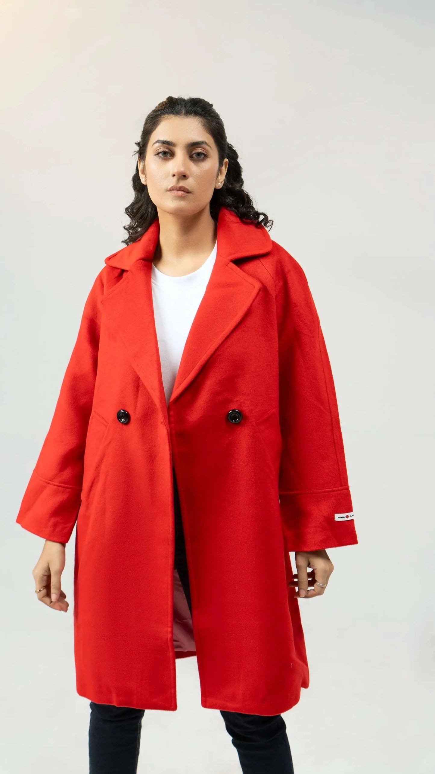 Women Long Wool Coat - Red - Harwage