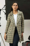 Women Long Tweed Coat - Dark Green Checkered