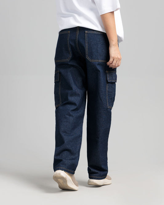 Women Loose Fit Cargo Denim Jeans - Indigo