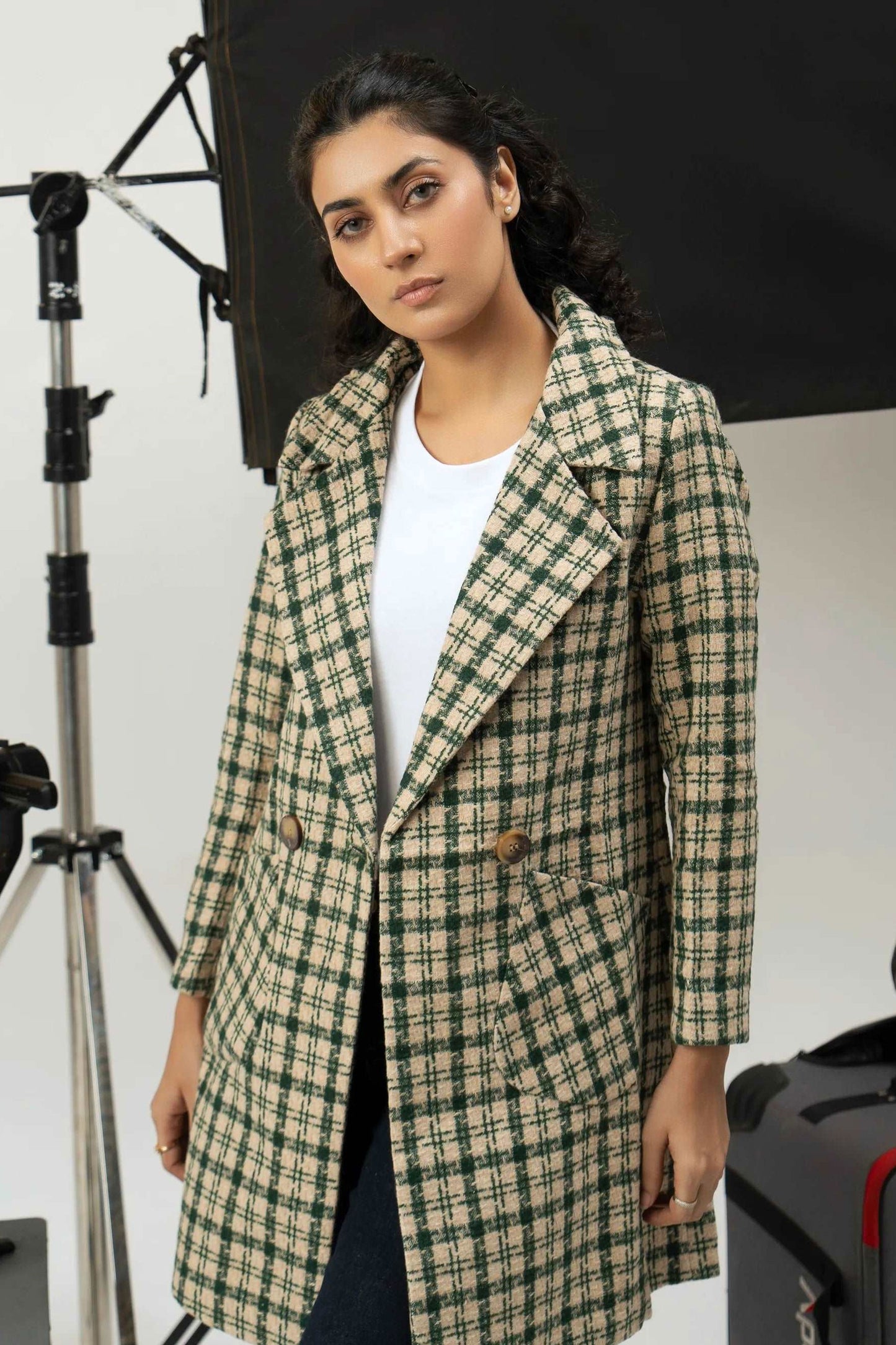 Women Long Tweed Coat - Dark Green Checkered