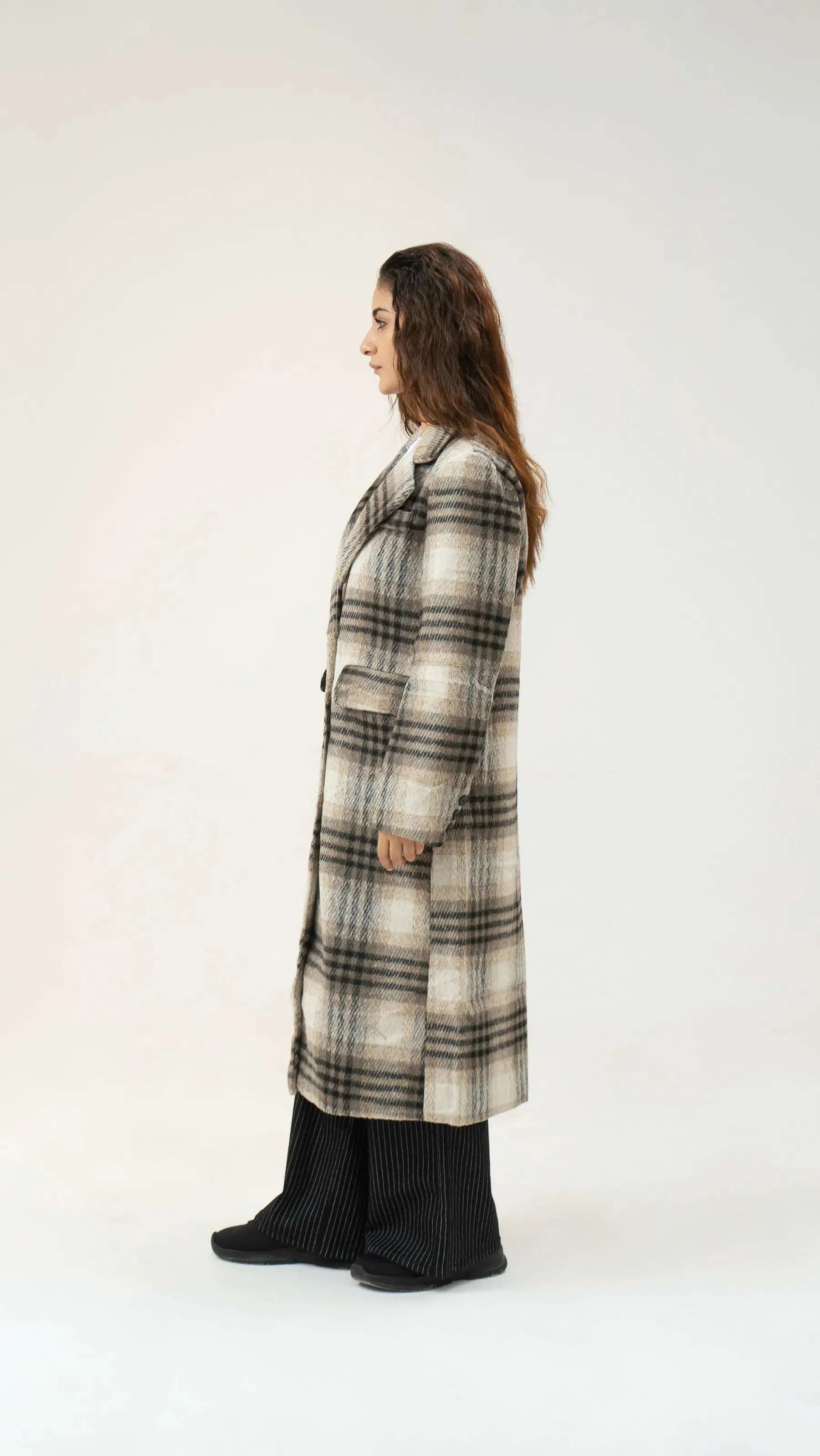 Women Long Wool Tweed Coat - Checkered - Harwage