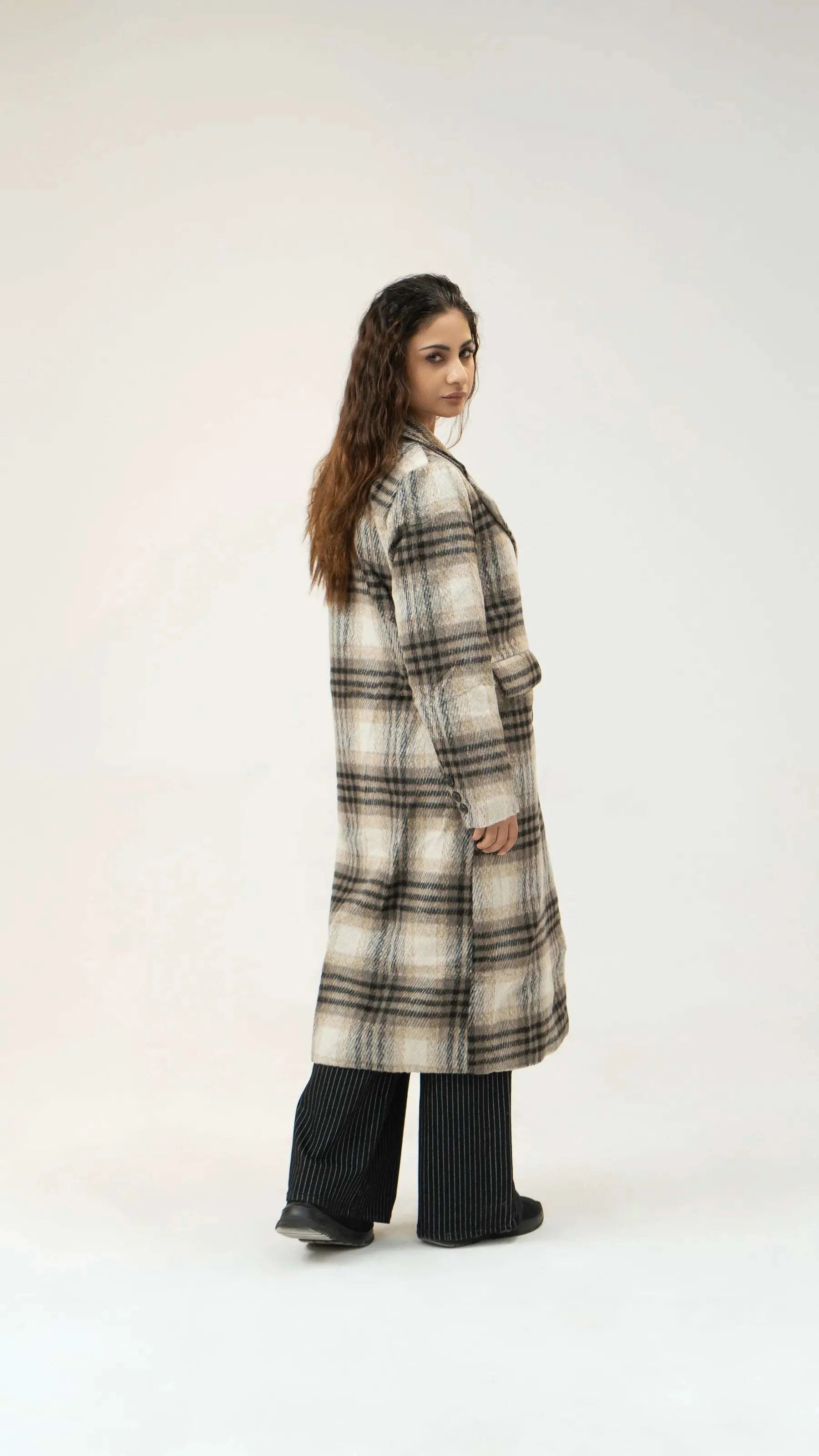 Women Long Wool Tweed Coat - Checkered - Harwage