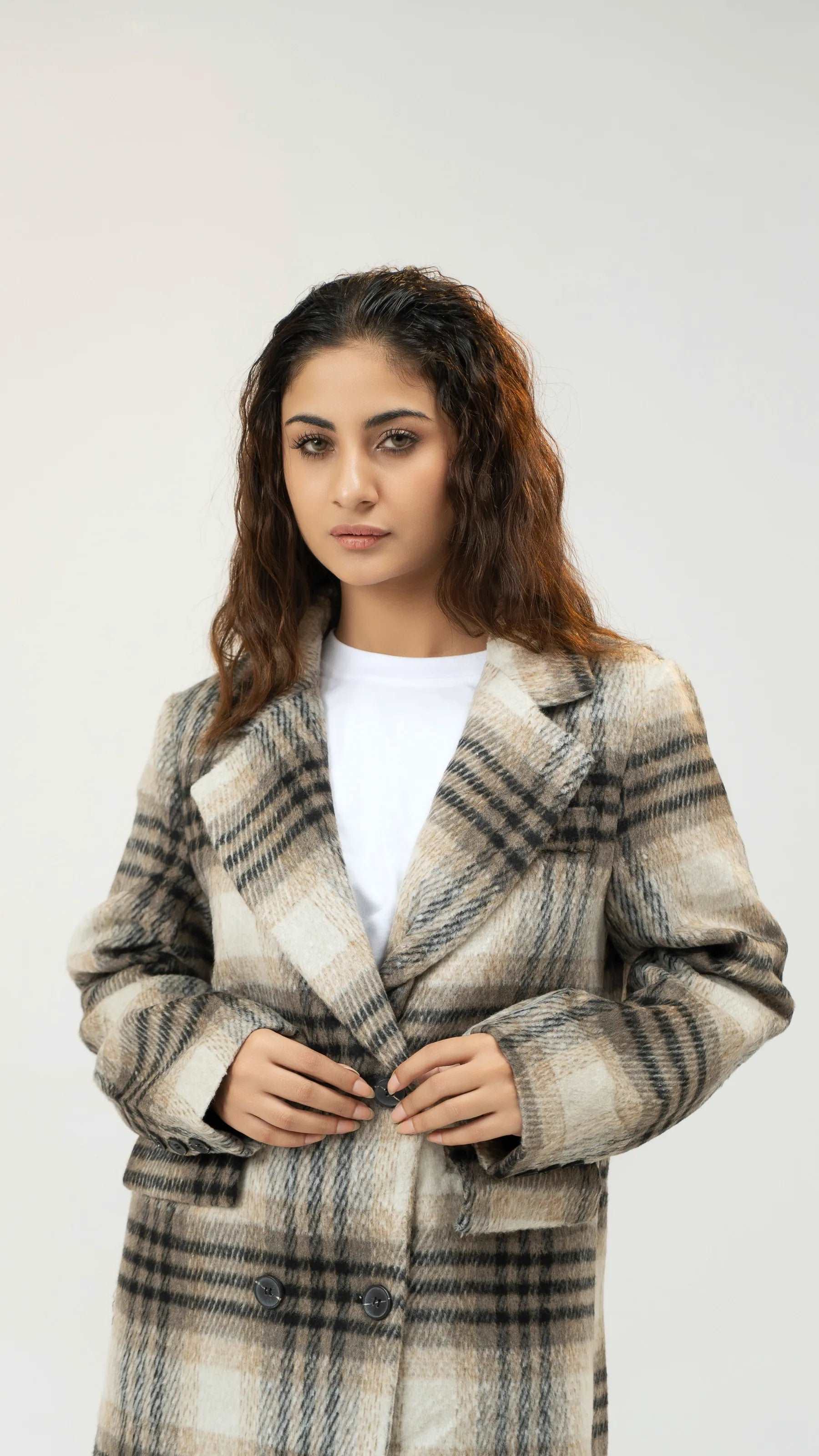 Women Long Wool Tweed Coat - Checkered - Harwage