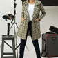 Women Long Tweed Coat - Dark Green Checkered