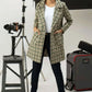 Women Long Tweed Coat - Dark Green Checkered