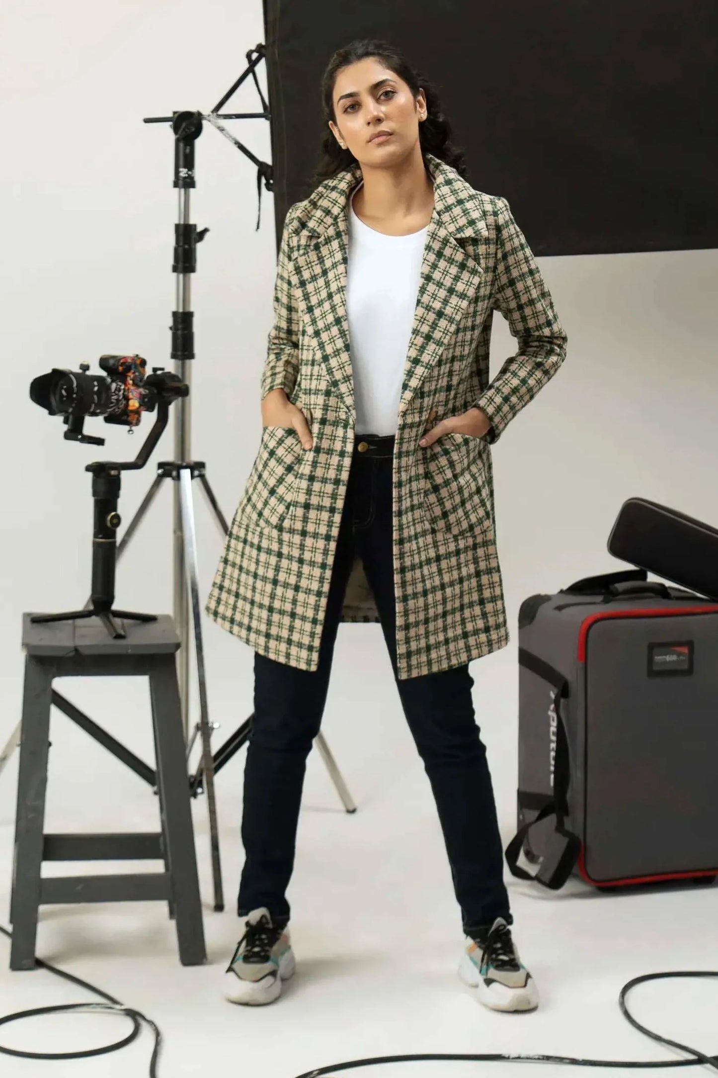 Women Long Tweed Coat - Dark Green Checkered