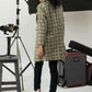 Women Long Tweed Coat - Dark Green Checkered