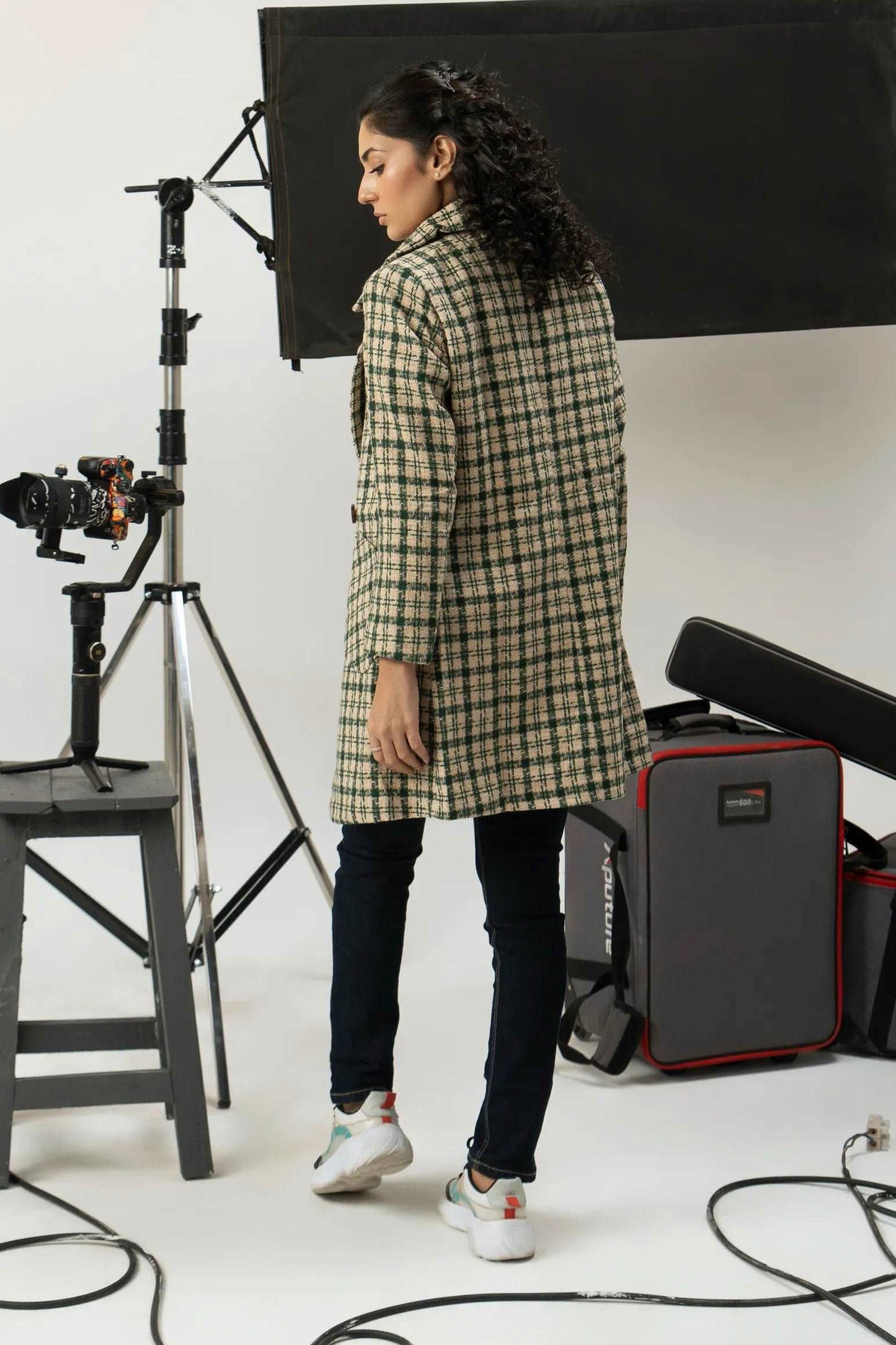 Women Long Tweed Coat - Dark Green Checkered