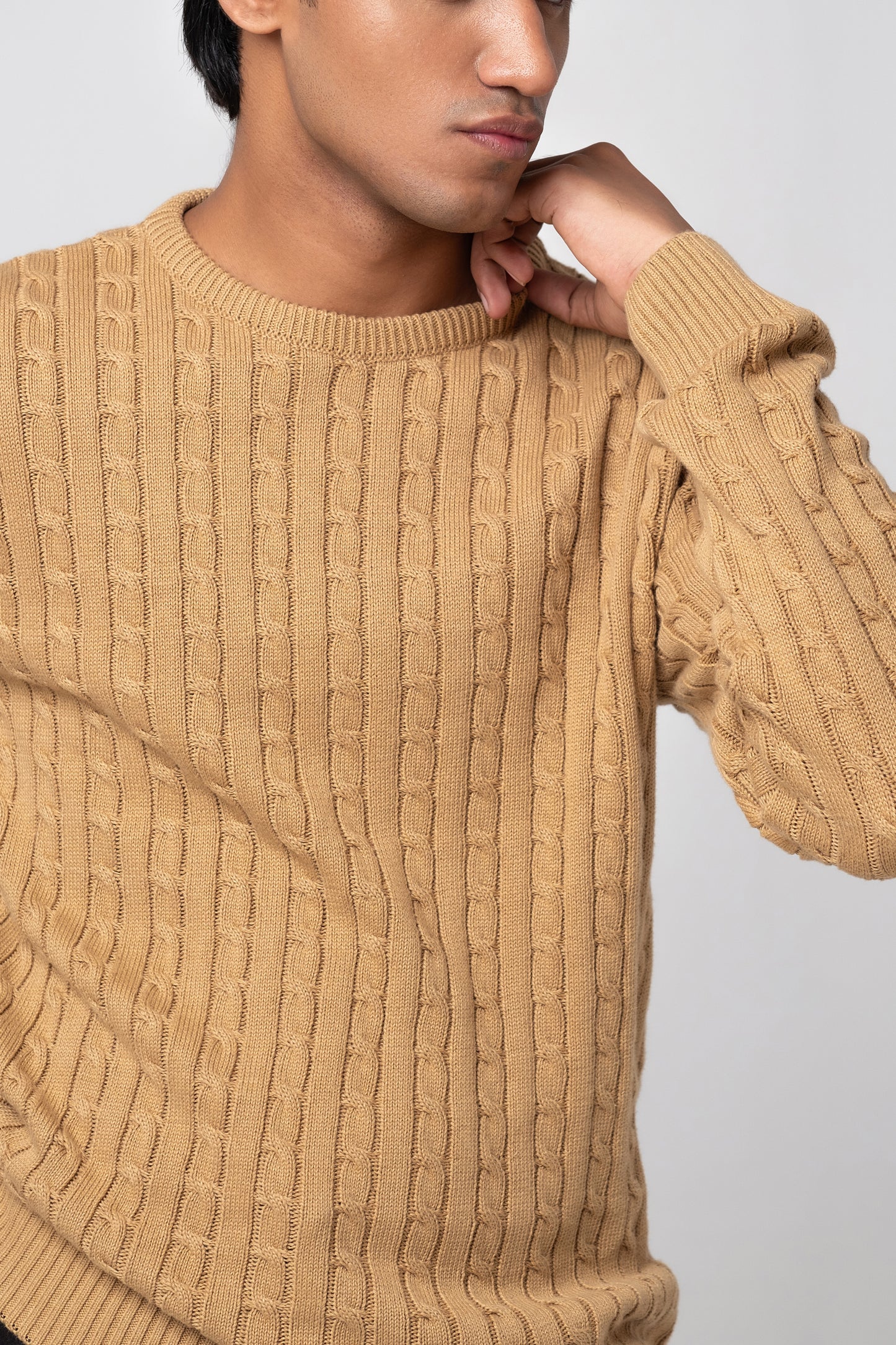 Men’s Crew Neck Cable Knit Sweater - Beige