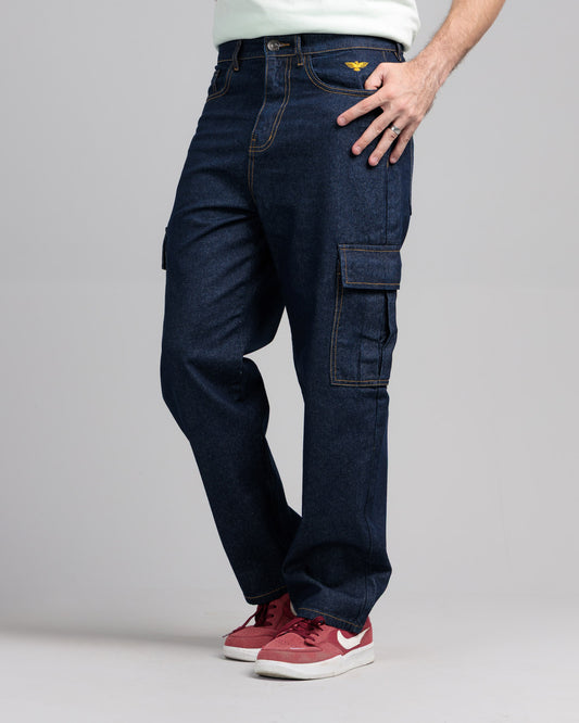 Men Loose Fit Cargo Denim Jeans - Indigo