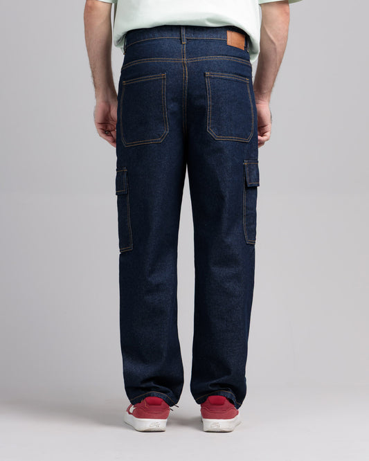 Men Loose Fit Cargo Denim Jeans - Indigo