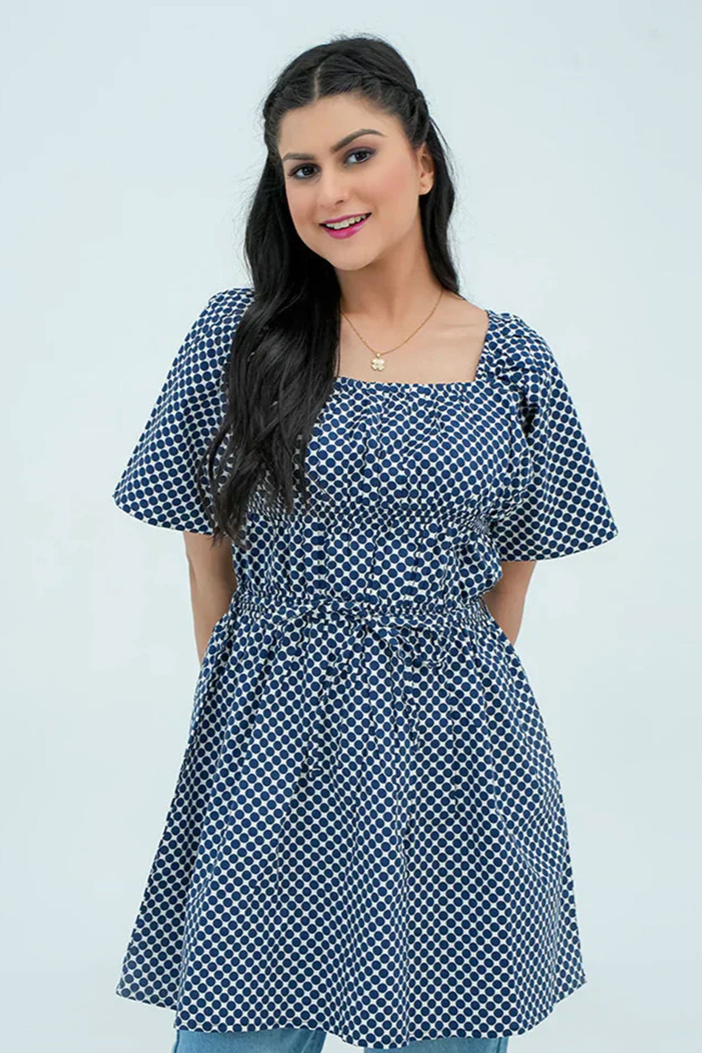 Women Polka Dot Short Frock Shirt – Blue/White