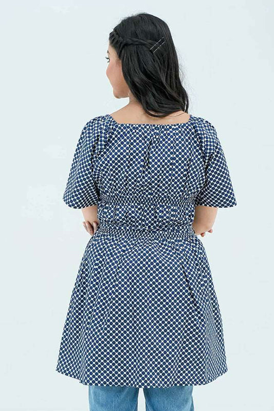 Women Polka Dot Short Frock Shirt – Blue/White