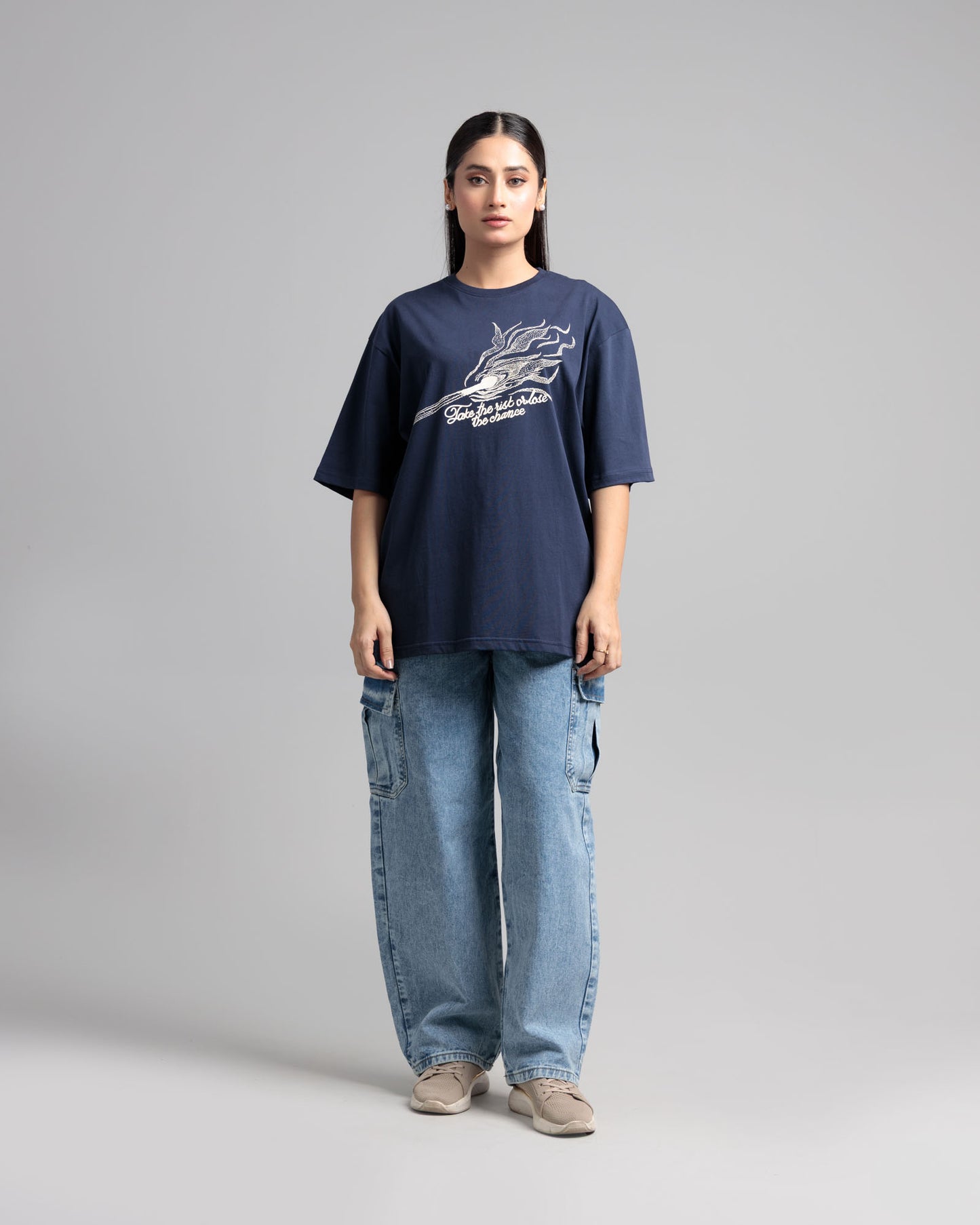 Women Boxy Fit Cotton T-Shirt -  Navy