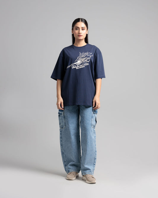 Women Boxy Fit Cotton T-Shirt -  Navy