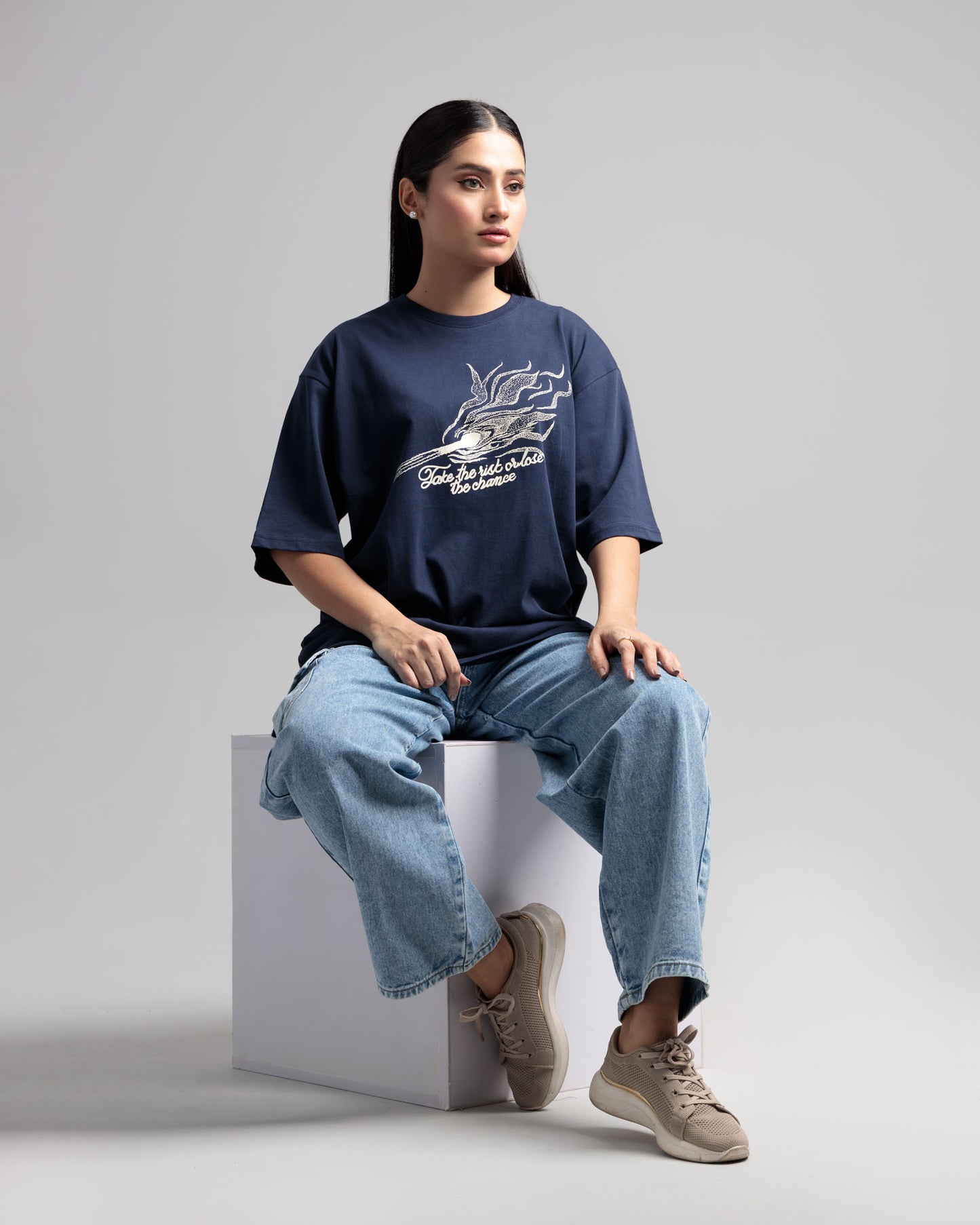 Women Boxy Fit Cotton T-Shirt -  Navy