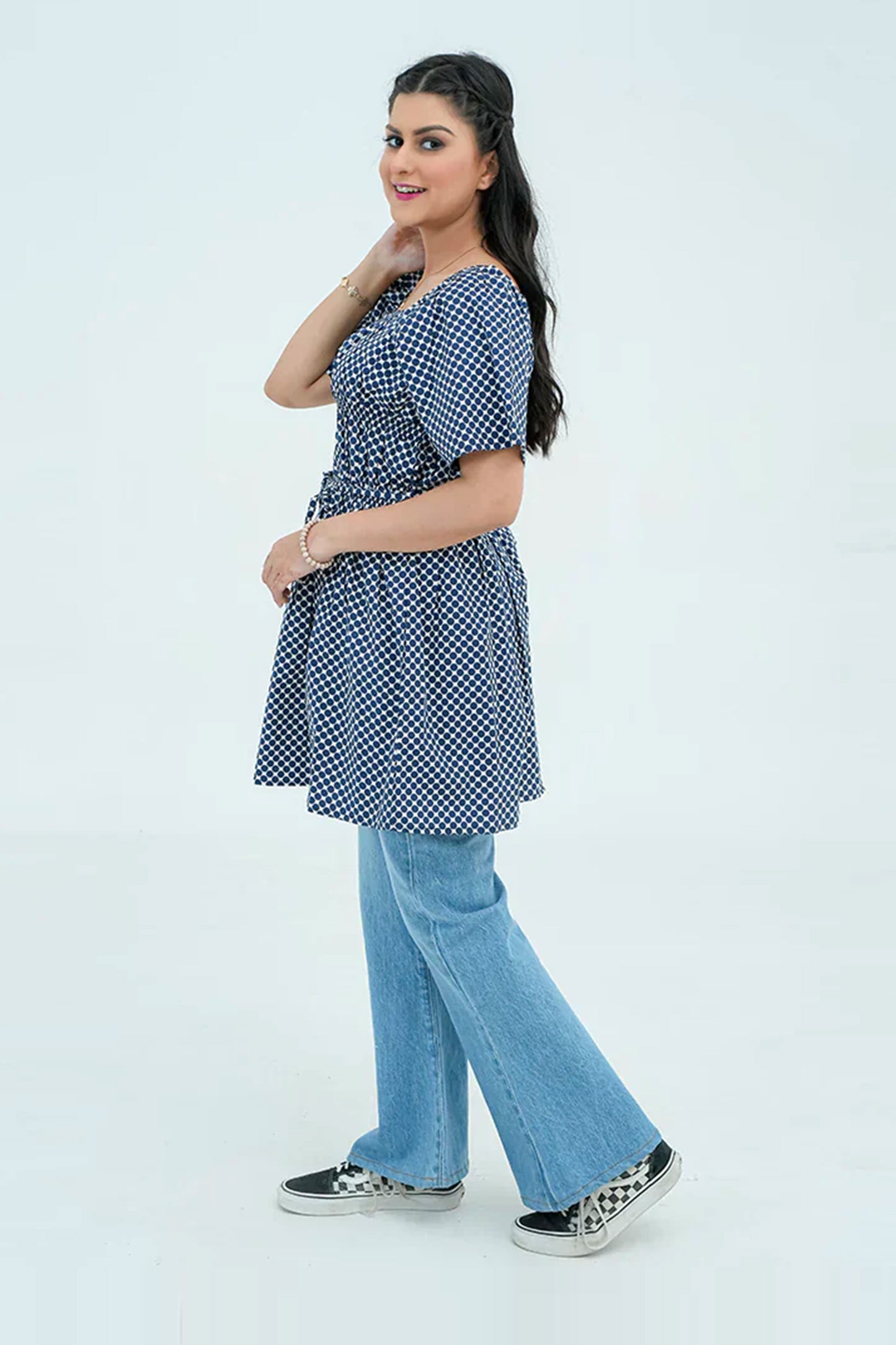 Women Polka Dot Short Frock Shirt – Blue/White