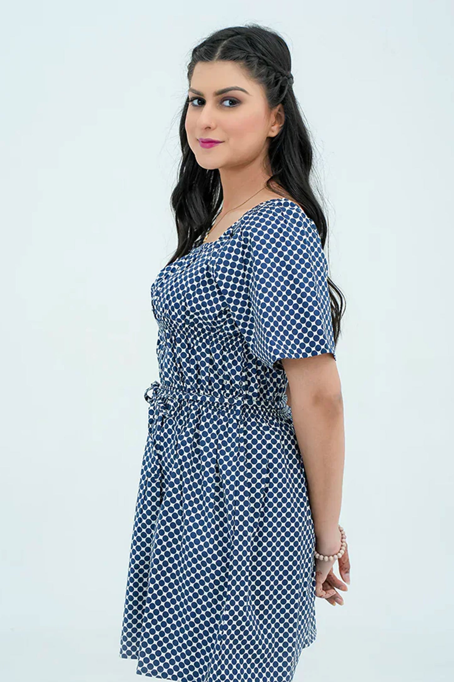 Women Polka Dot Short Frock Shirt – Blue/White
