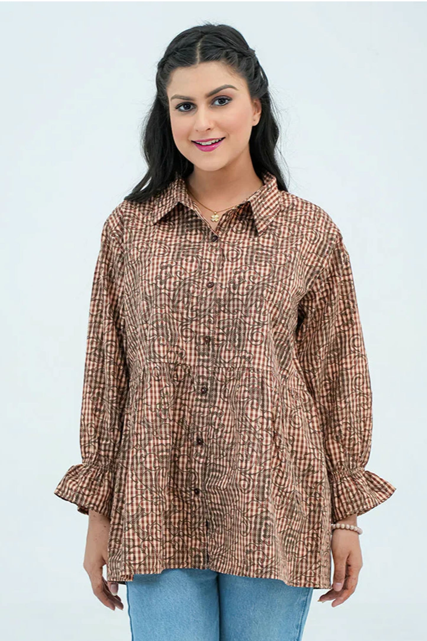 Women Checkered Printed Shirt – Brown