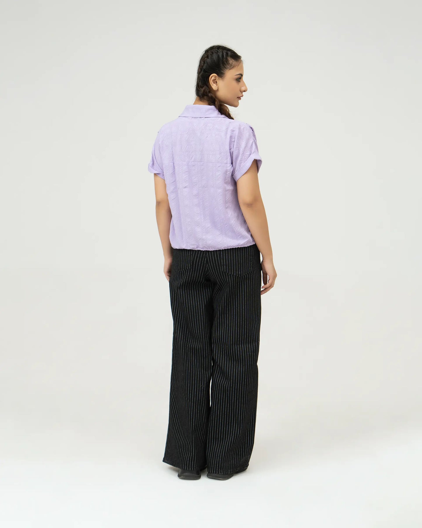 Women Drawstring Hem Poplin Super Cropped Shirt - Purple