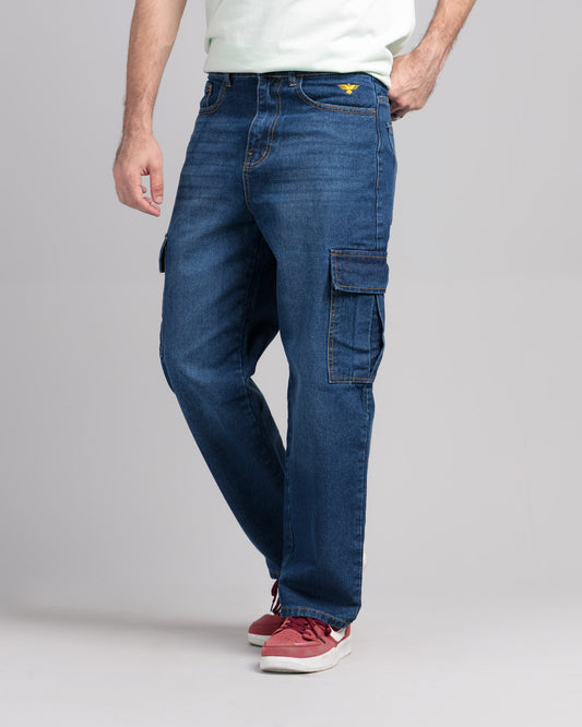 Men Loose Fit Cargo Denim Jeans - Ice Blue