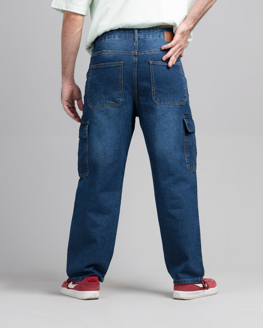 Men Loose Fit Cargo Denim Jeans - Ice Blue