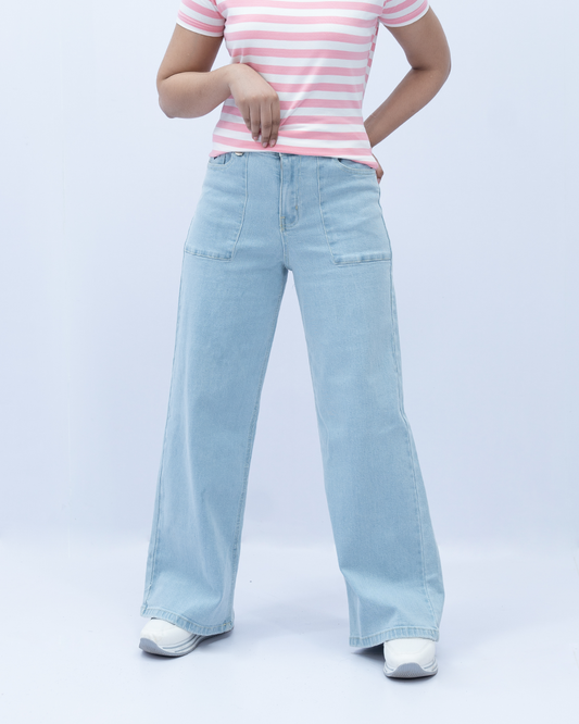 Women Wide Leg Plain Jeans – LT-Blue