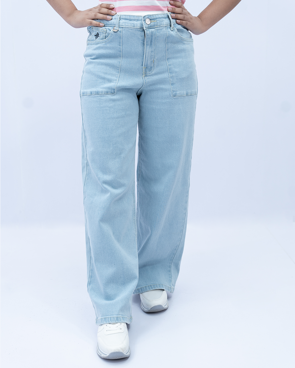 Women Wide Leg Plain Jeans – LT-Blue