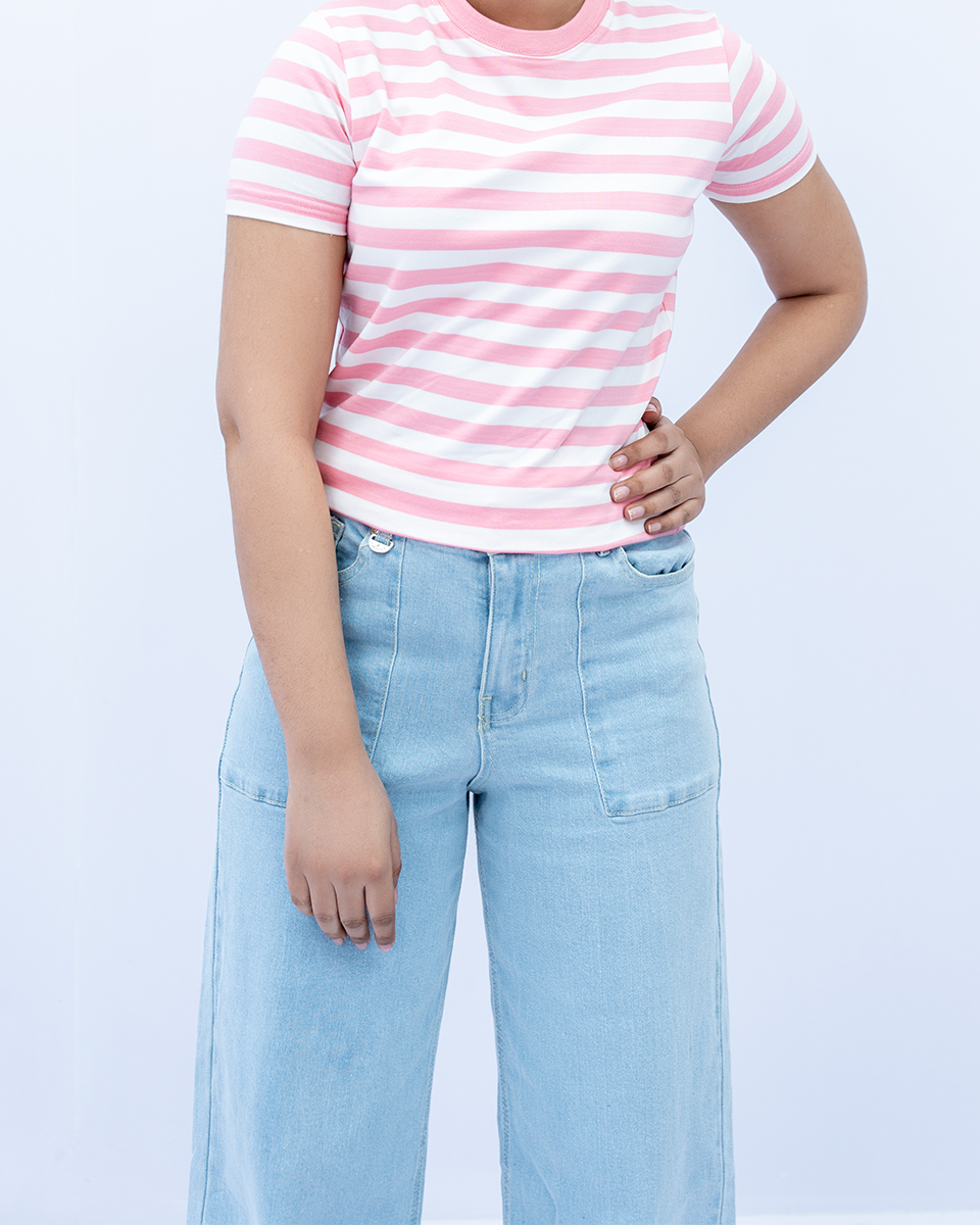Women Wide Leg Plain Jeans – LT-Blue